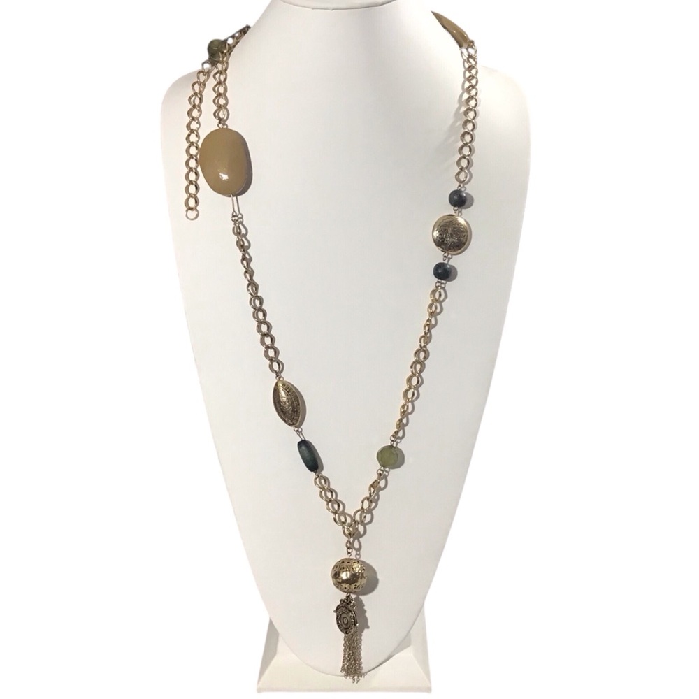 Chunky Beaded Chain Necklace Mixed Material Gold Tone Fashion Costume Jewelry